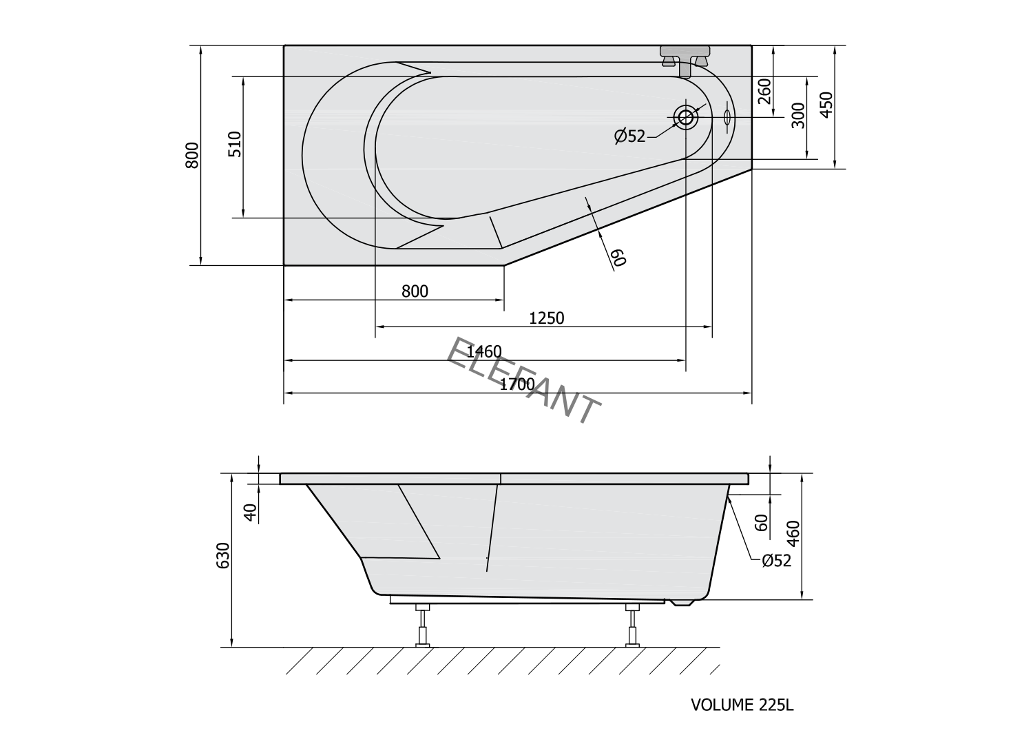 TIGRA L asymetrická vana 170x80x46cm, bílá